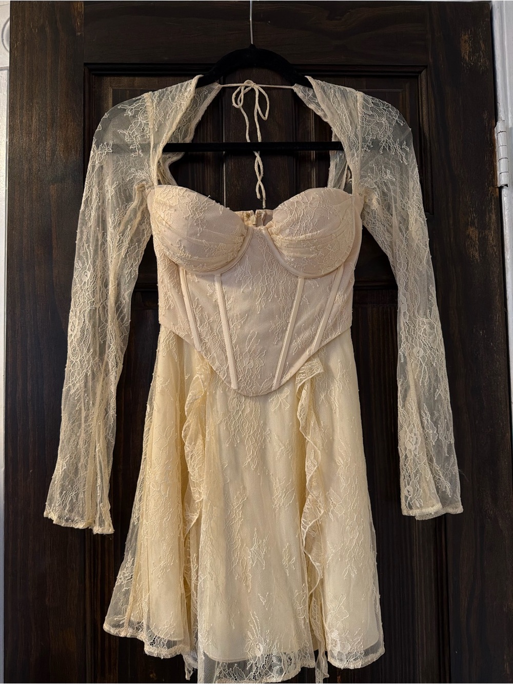 Oh Polly Ivory Lace Corset Mini Dress with Sheer Lace Sleeves